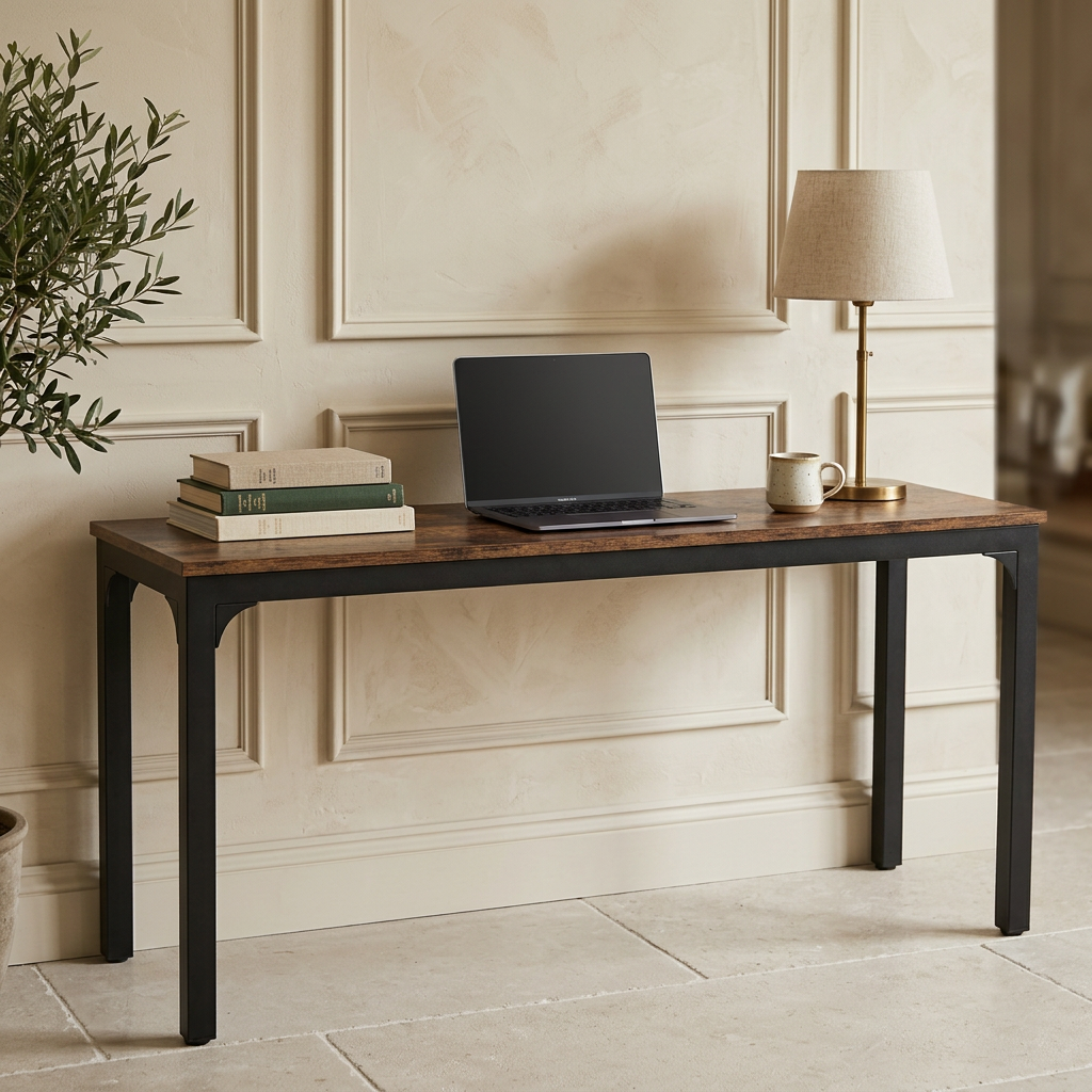 Extra long walnut desk on black legs with a laptop and lamp against paneling