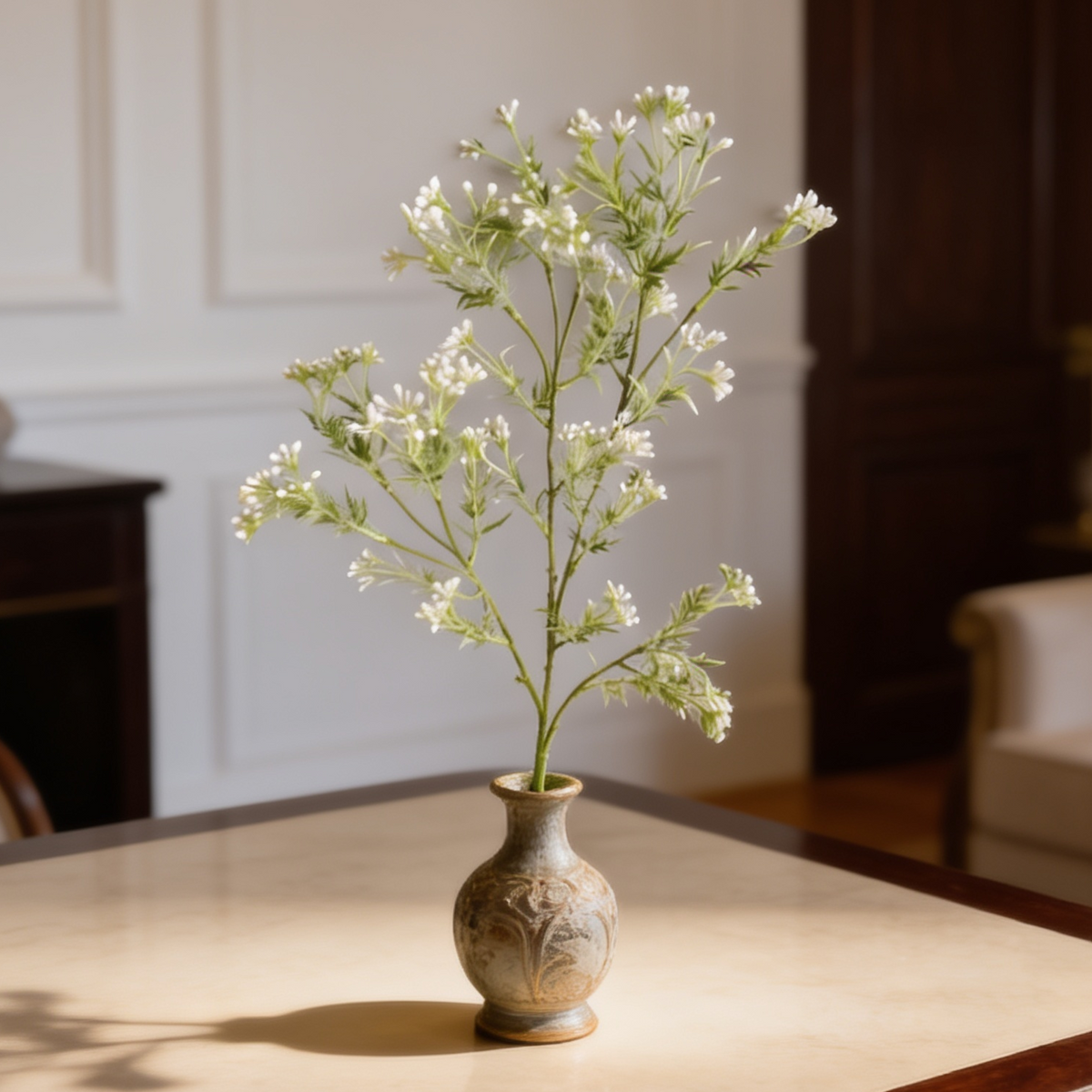 Flowering white stems centered in a small vase on a marble table by a dark cabinet