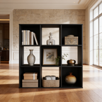 Open cube shelf displaying vases, a framed photo and baskets over a wood floor