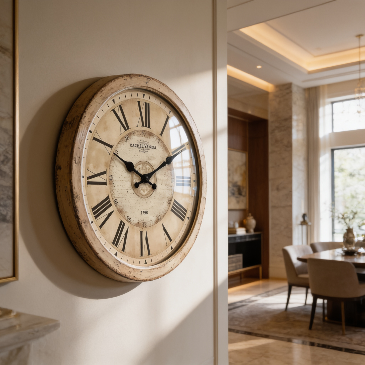 Round wood framed roman numeral clock mounted on a wall above a dining room