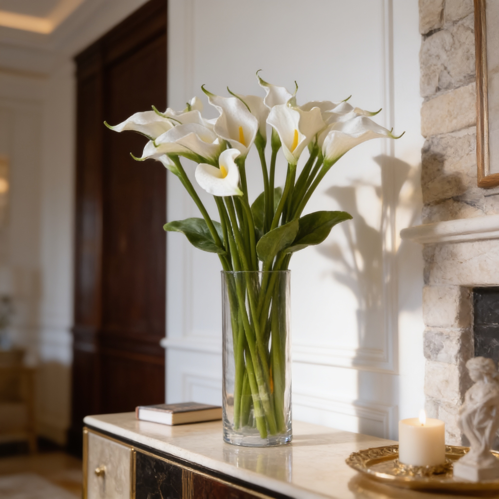 Cream calla lilies in a clear glass vase on a wood console beside a lit candle