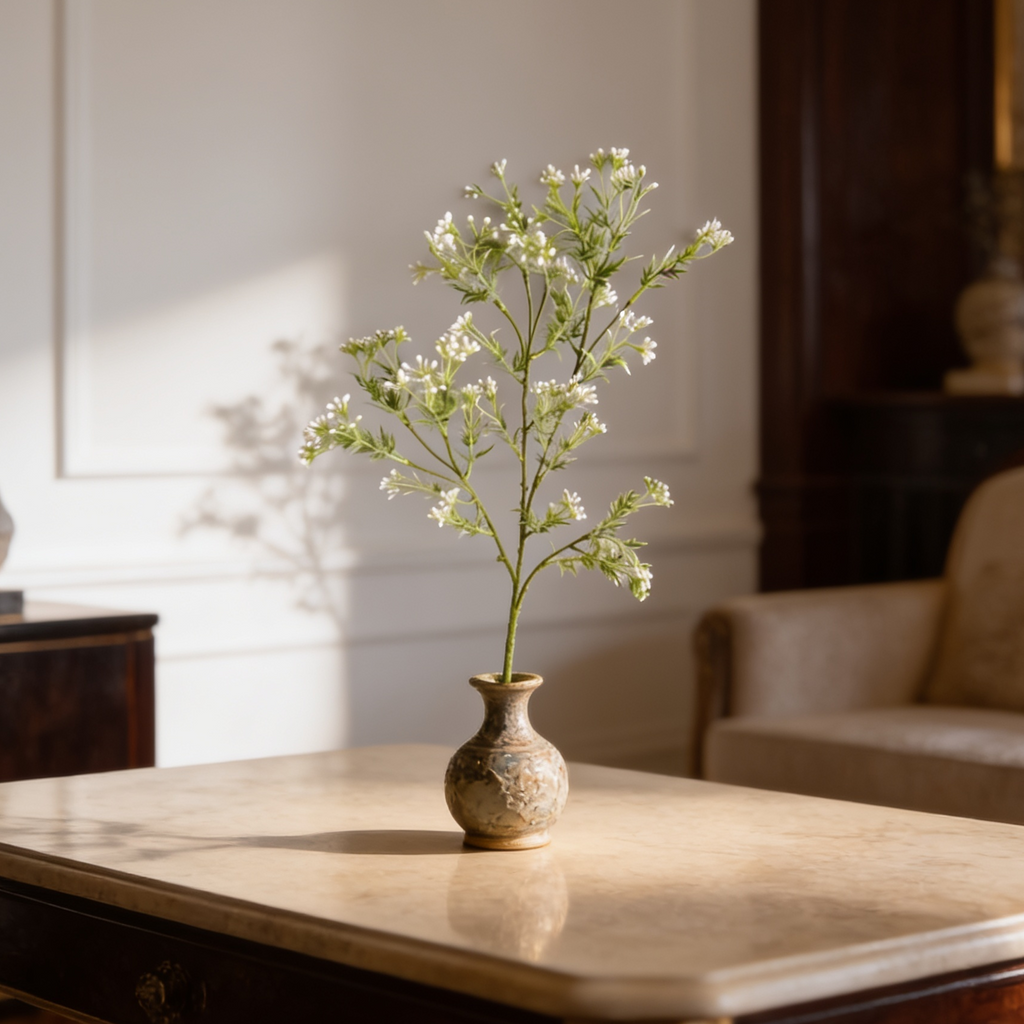 Sunlit white blossom stems in a small vase casting a soft shadow on the wall