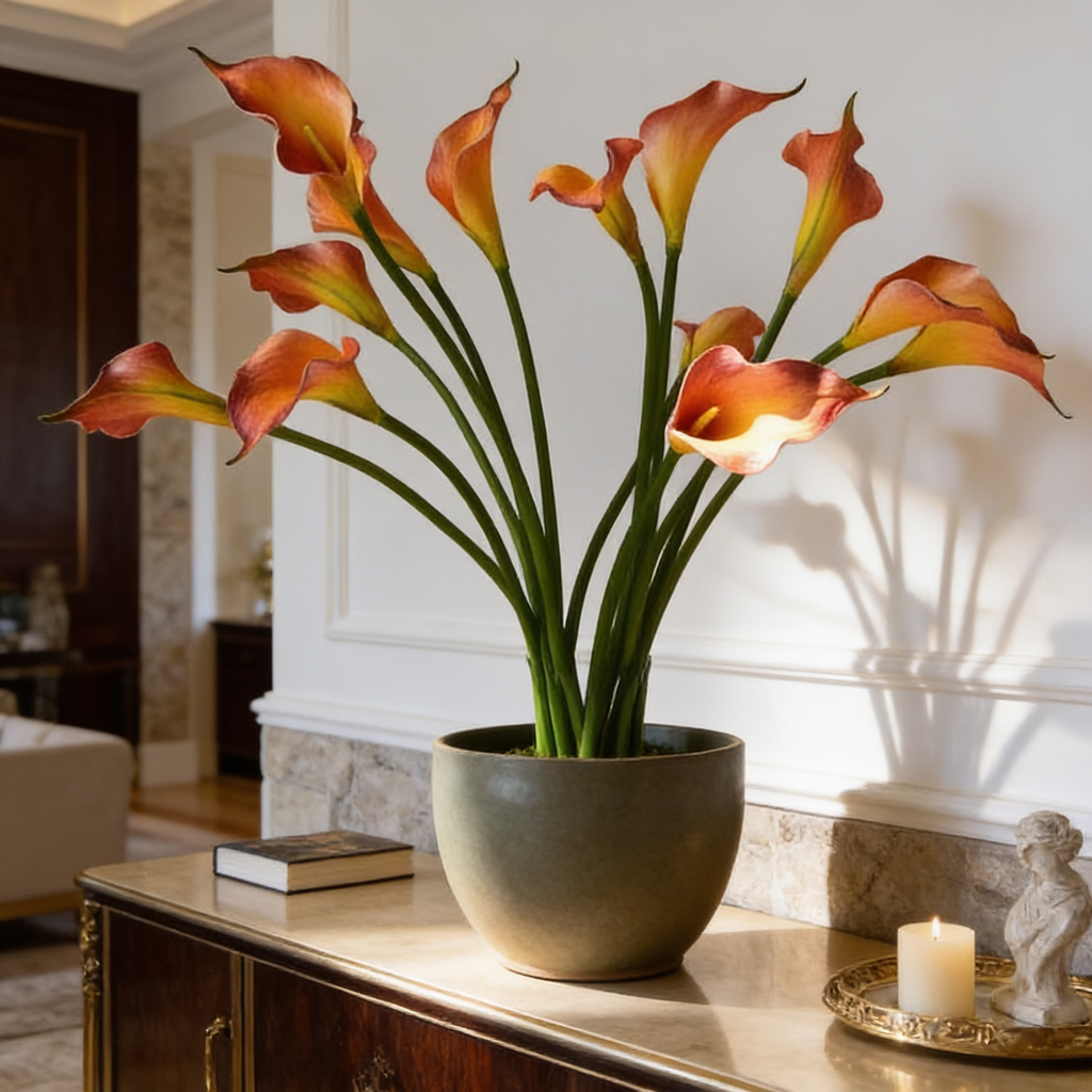 Orange calla lilies in a green ceramic pot on a table in a bright living room
