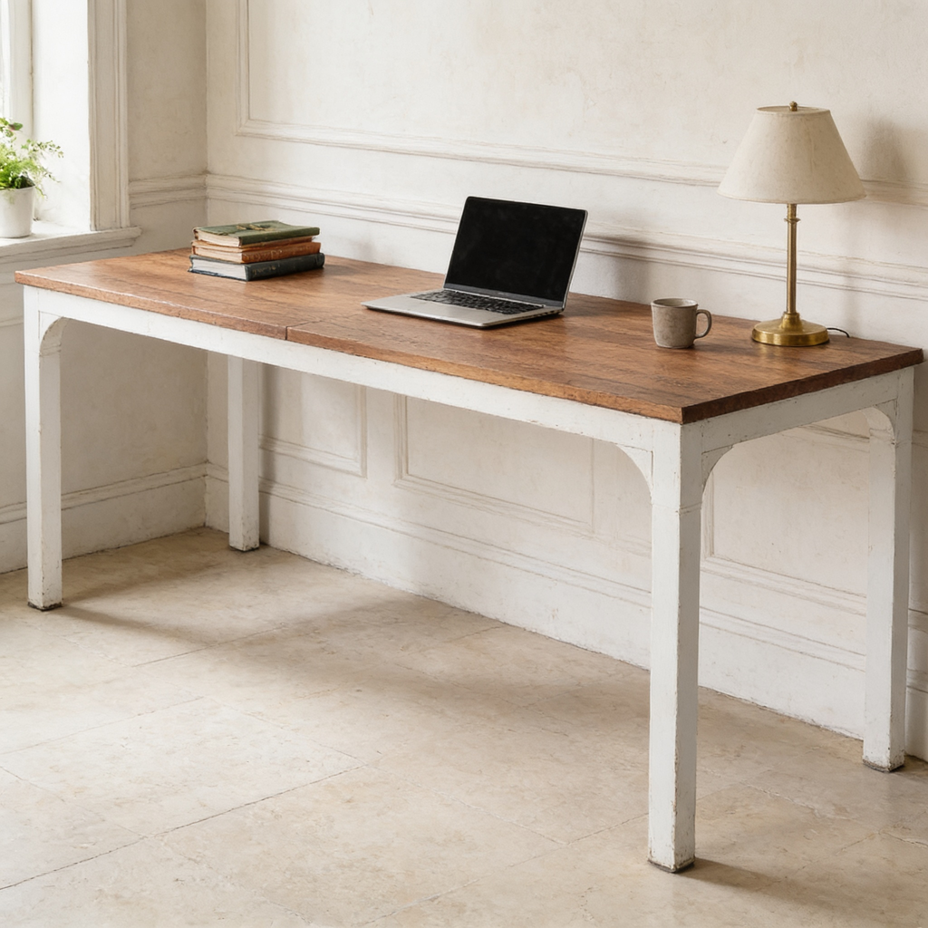 Long wood top workstation on white legs with a laptop and shaded lamp