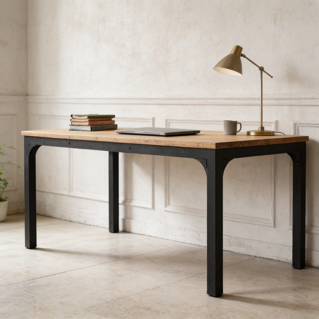 Dark walnut desk on black legs at an angle with a slim task lamp
