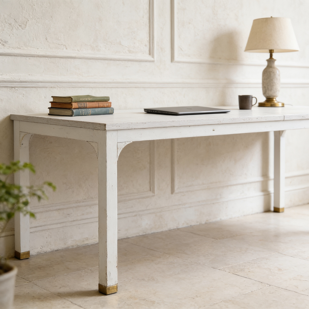 All white two person desk with a lamp and books beside a potted plant