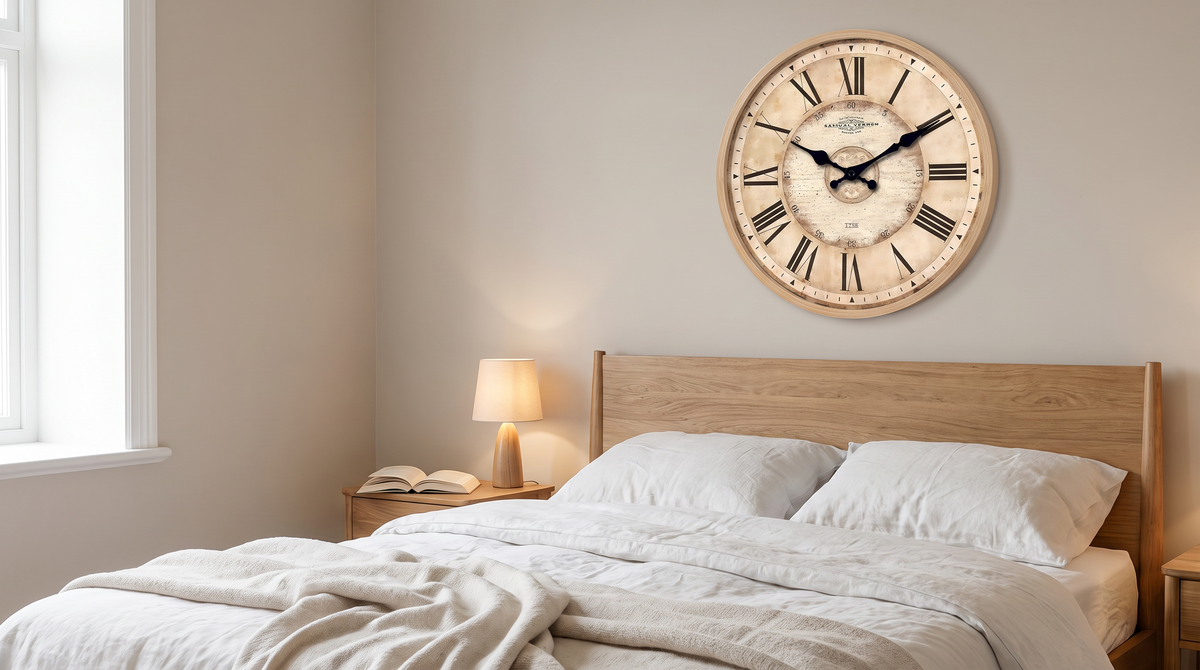 Silent quartz Roman numeral wall clock above a bed in soft morning light