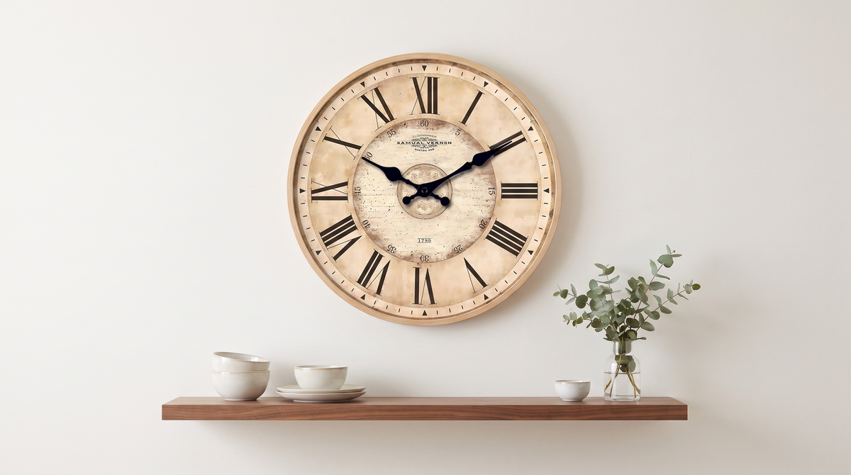 Roman numeral wall clock on a painted kitchen wall above a walnut shelf