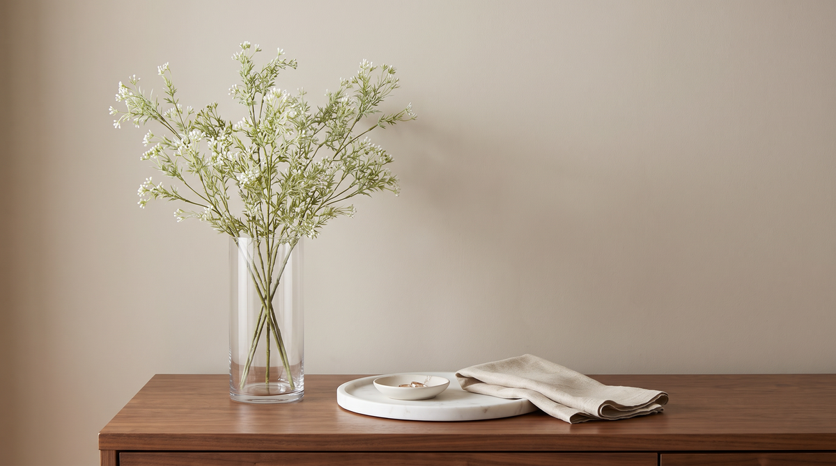 Faux gypsophila in a slim vase on a bedroom dresser