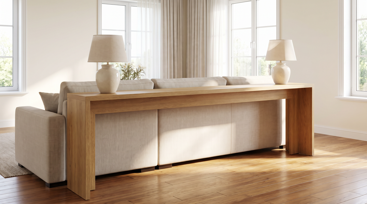 Waterfall console table running the length of a sofa back