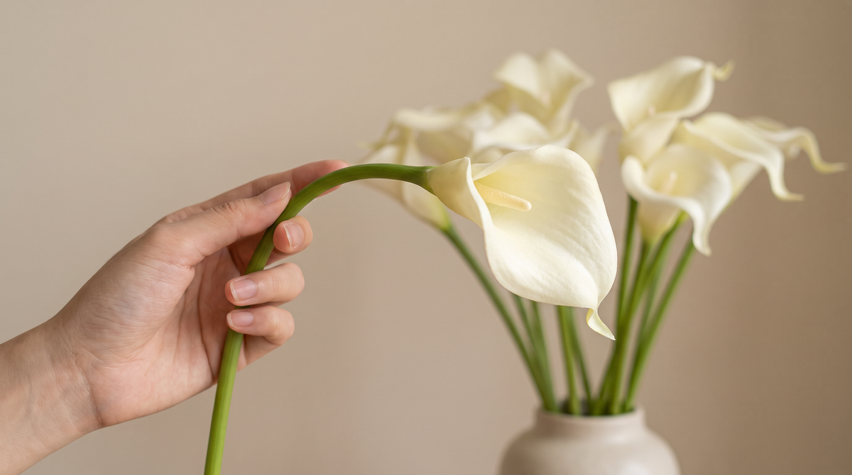 A hand bending the wire stem of a white faux calla lily