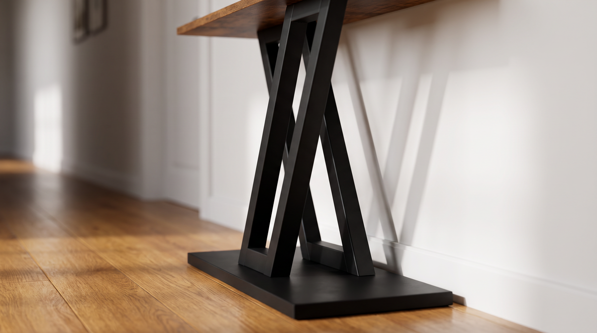 Low angle view of the V shaped steel base on the console table