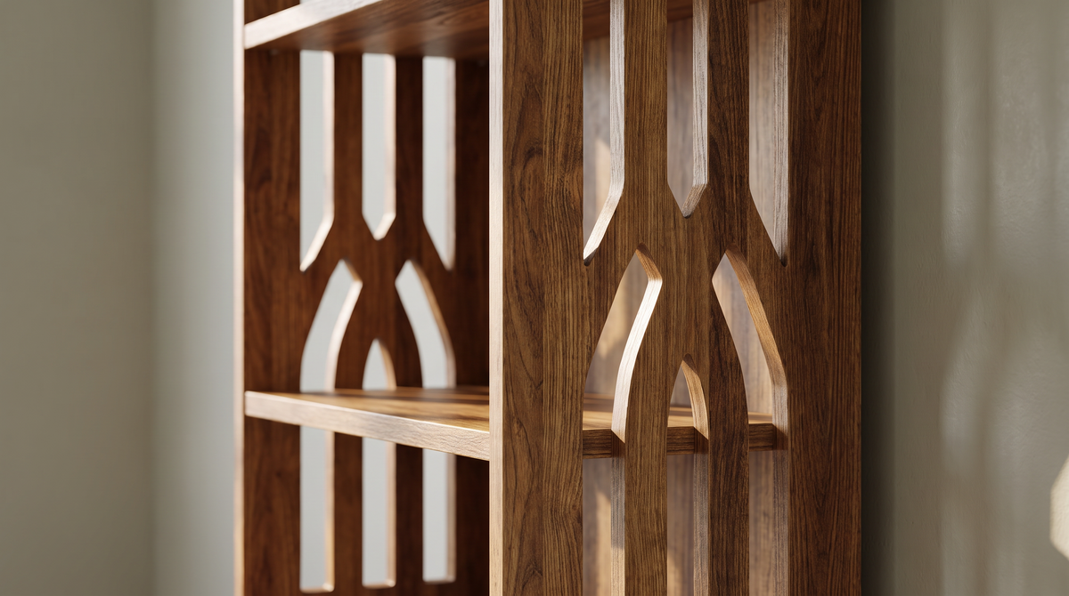 Close detail of the cut pattern on the bookcase side panel