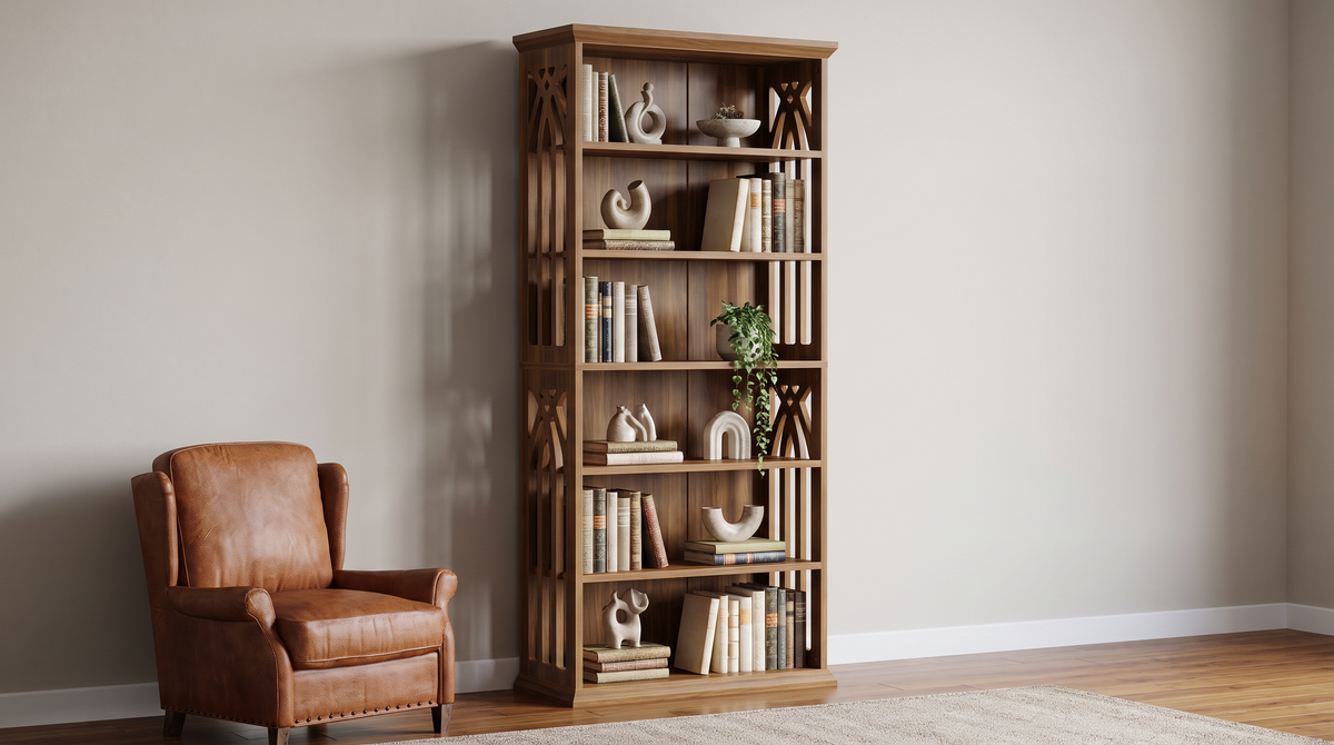 Six tier patterned bookcase styled in a living room corner
