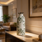 Empty vine patterned bud vase standing on a dark console below framed art