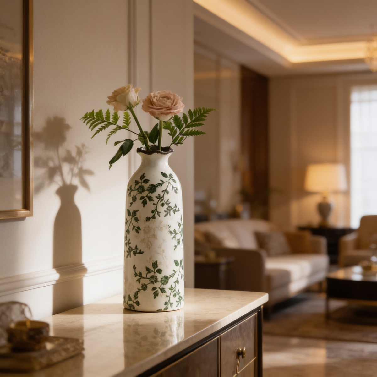 Cream vase with green vine pattern holding pale roses on a console table