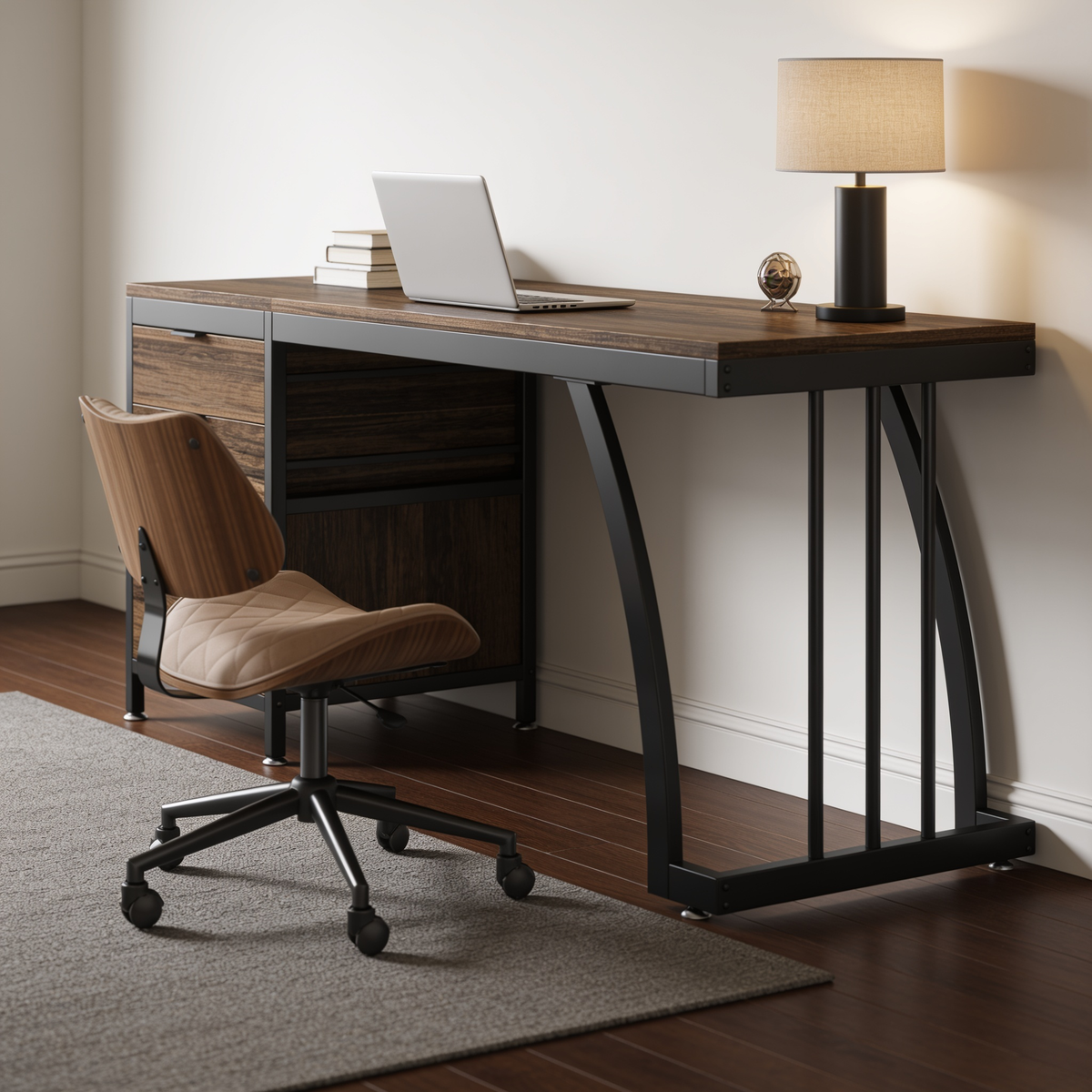 Writing desk on a pale rug with a lamp, laptop and a curved task chair