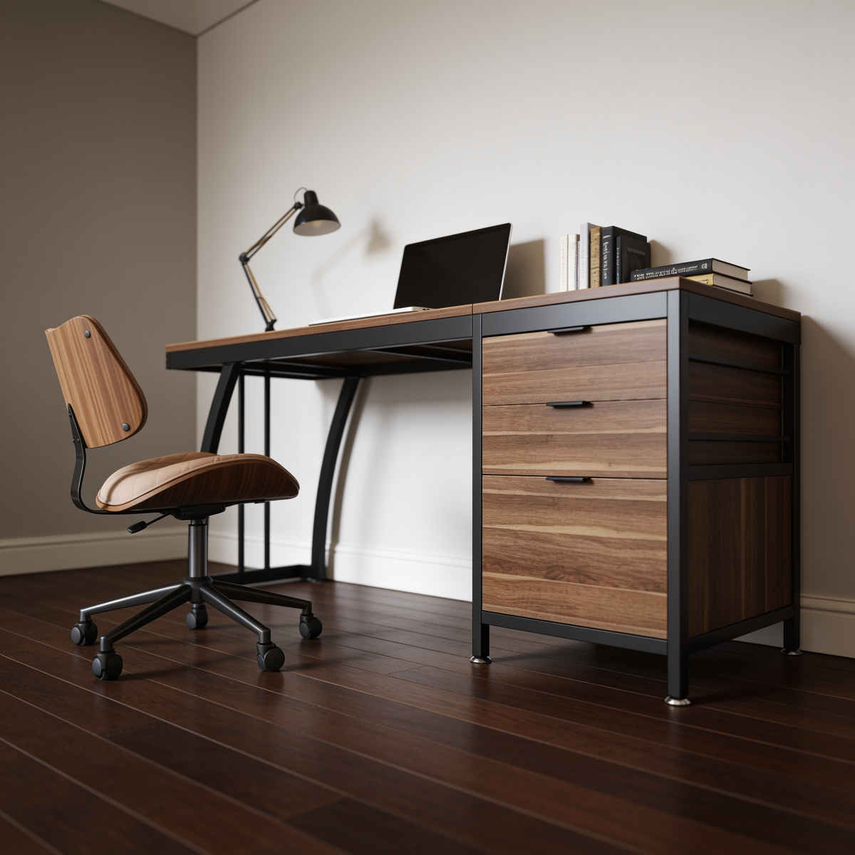 Home office desk with a laptop, lamp and the file cabinet on the right