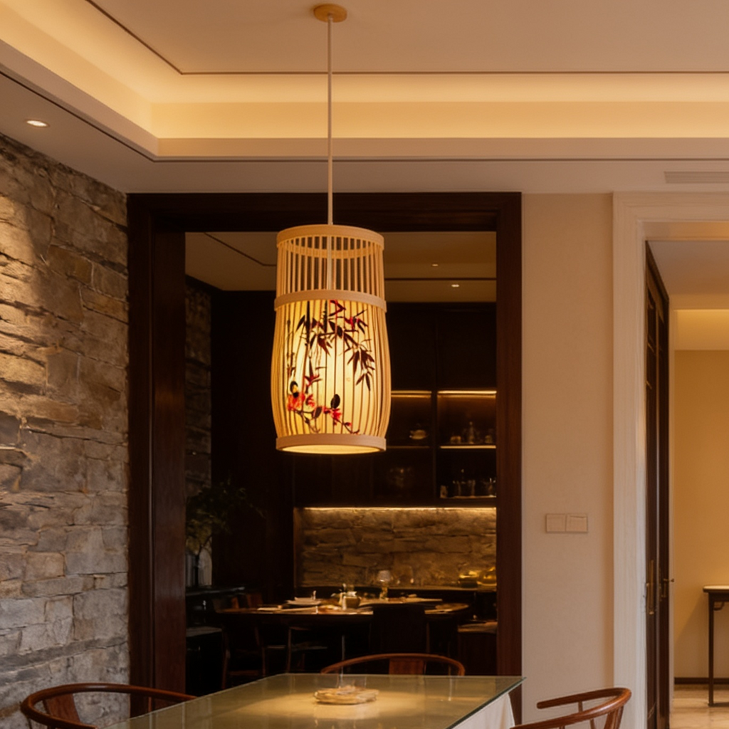 Pair of lit bamboo lanterns hanging above a dining doorway in a stone walled room
