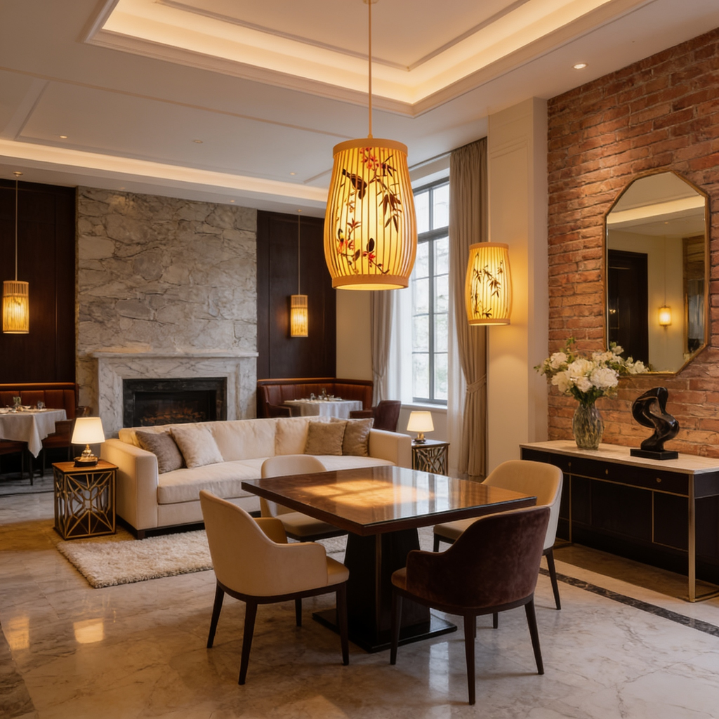 Bamboo lantern pendant lit over a dining table in an open room with a brick wall