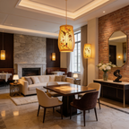 Bamboo lantern pendant lit over a dining table in an open room with a brick wall