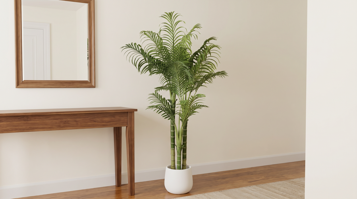 Faux areca palm beside a console table in a bright entryway