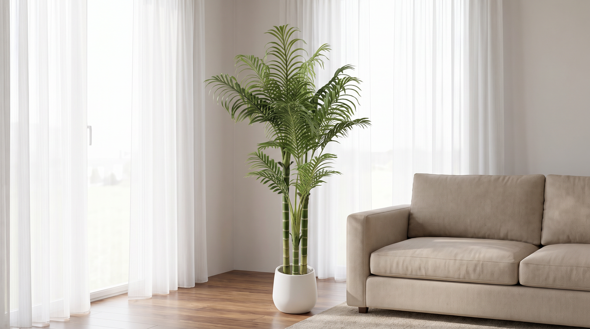 Three trunk faux areca palm in a white pot beside a sofa