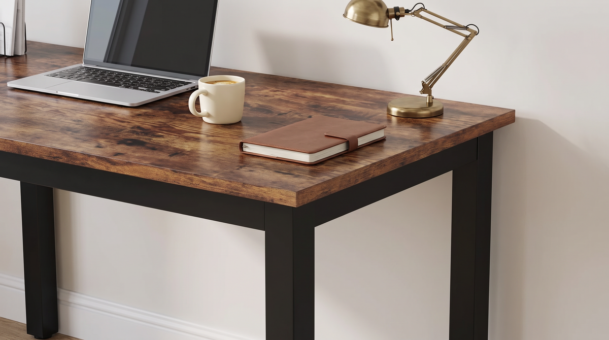 Laptop, notebook and lamp on one end of the wood desk top