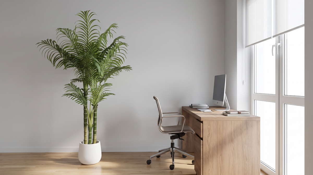 Faux areca palm in a modern office corner beside a window