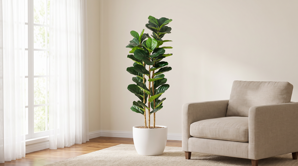 Faux fiddle leaf fig tree in a living room corner beside an armchair