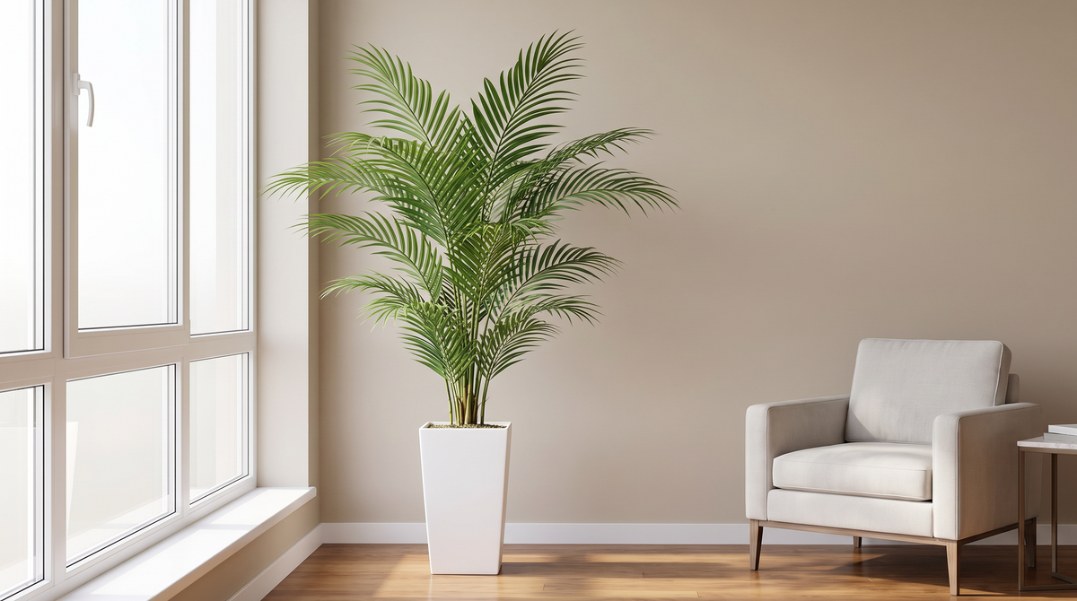 Faux areca palm in a tall white planter in a bright sunroom