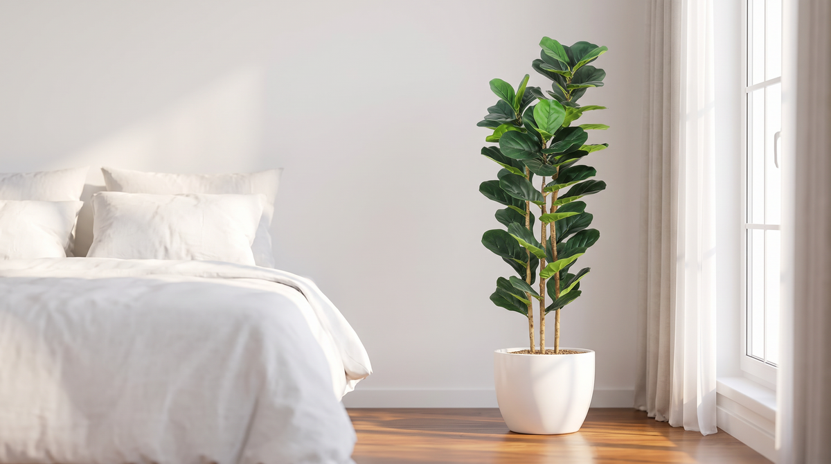 Faux fiddle leaf fig standing beside a bedroom window