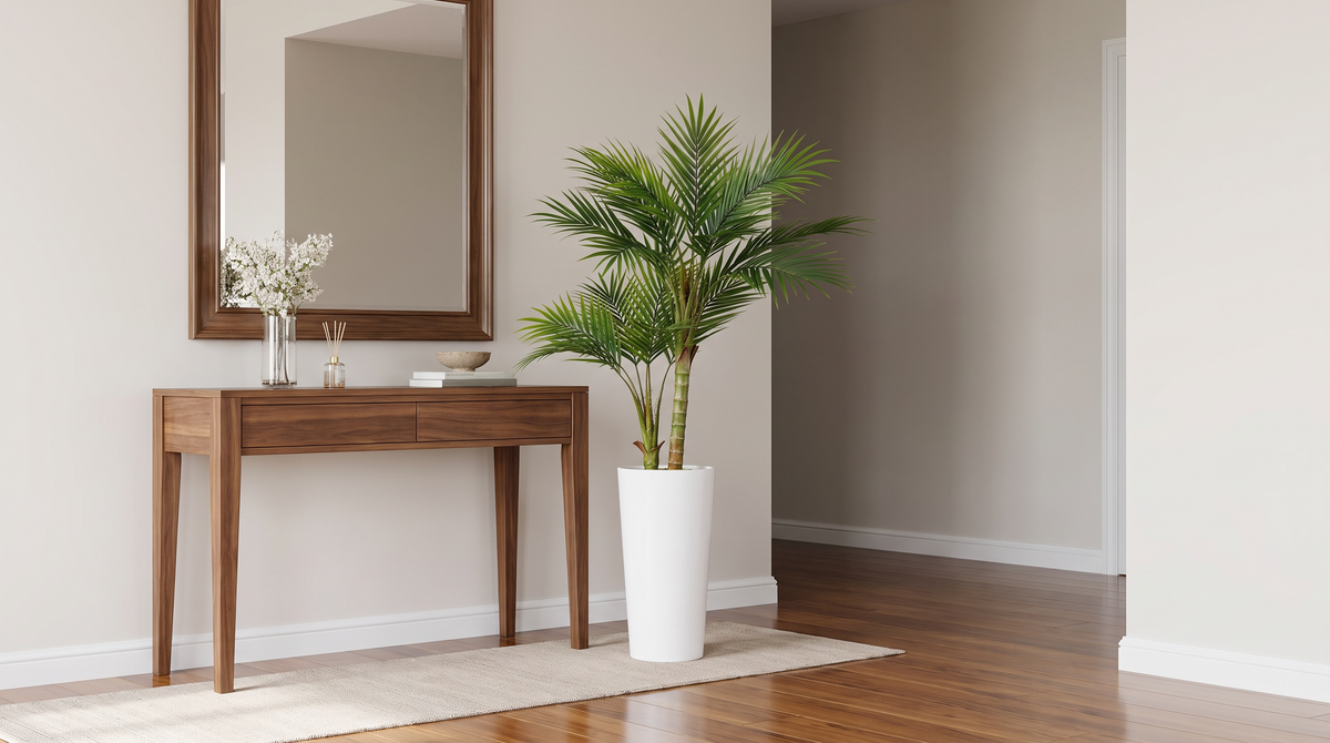 Faux areca palm in a tall white planter beside an entryway console