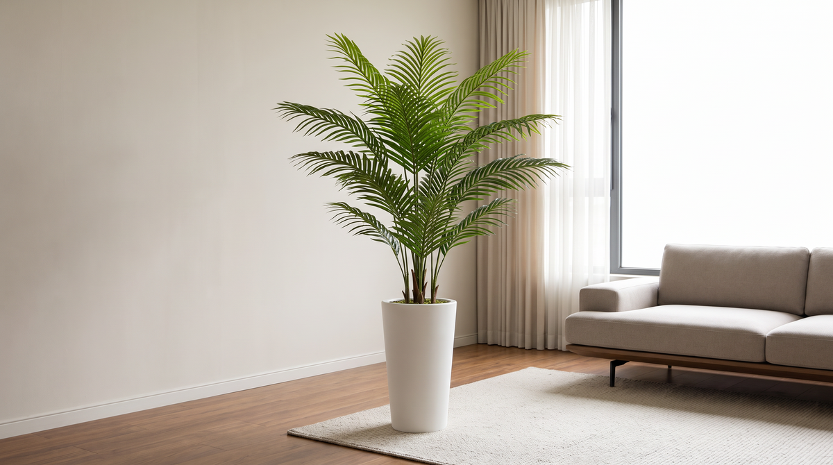60 inch faux areca palm in a tall white planter beside a sofa