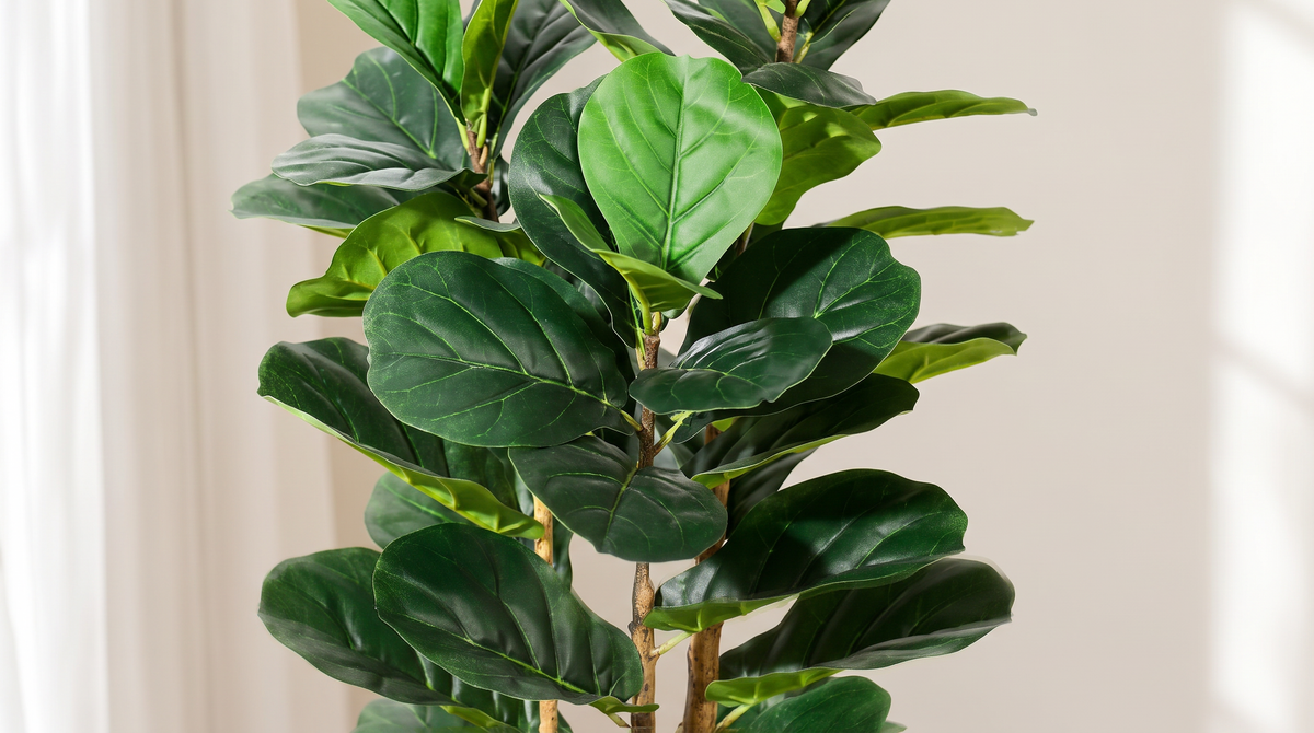 Close detail of the large glossy fiddle leaf fig leaves