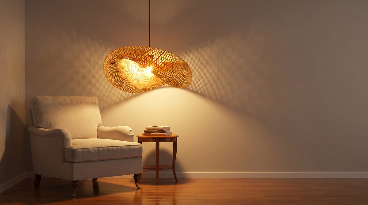 Bamboo pendant light hung low beside a bedroom reading chair