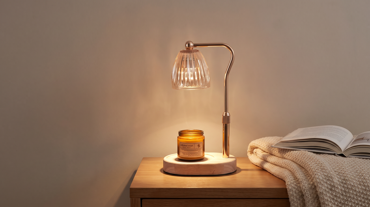 Candle warmer lamp glowing on a living room side table at dusk