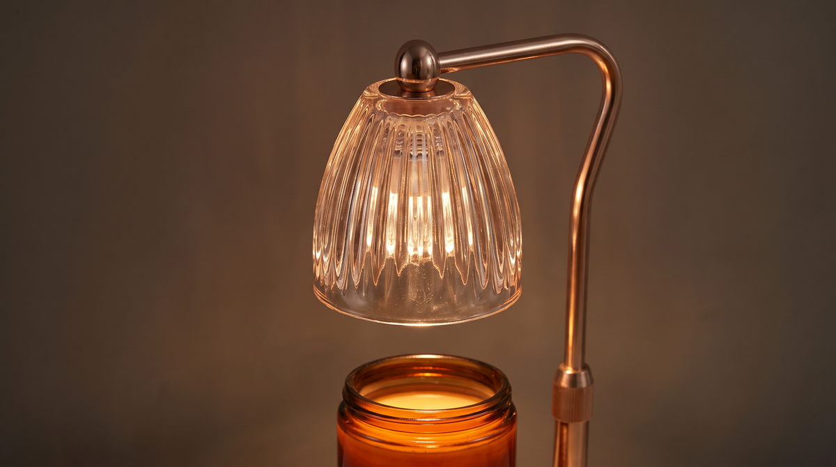 Close view of the fluted glass shade suspended over a melted candle