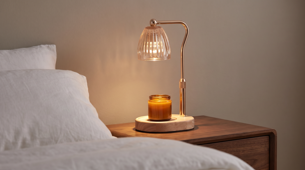 Candle warmer lamp lit on a bedside table above an amber candle jar