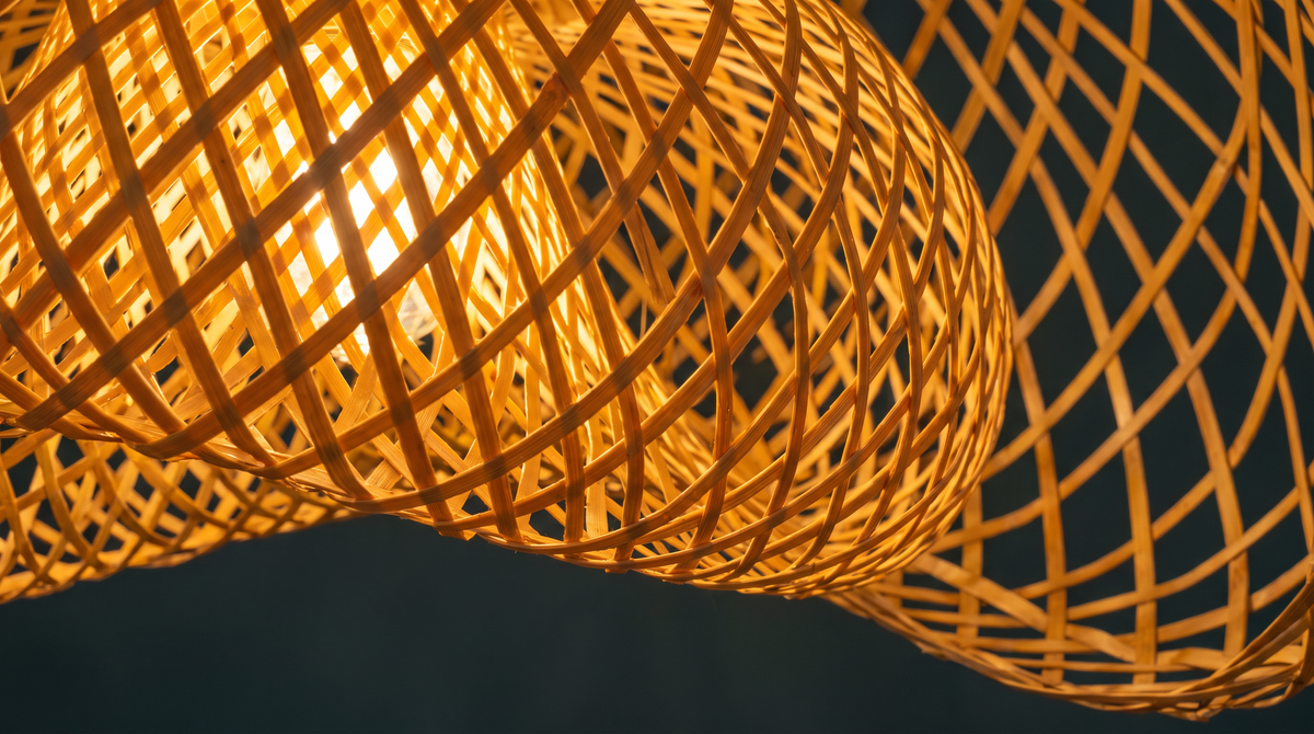 Close detail of the woven bamboo lattice glowing from within