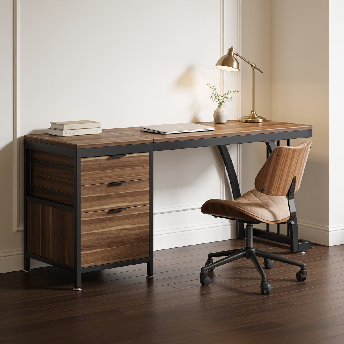 Walnut writing desk with the drawer cabinet on the left and a leather task chair