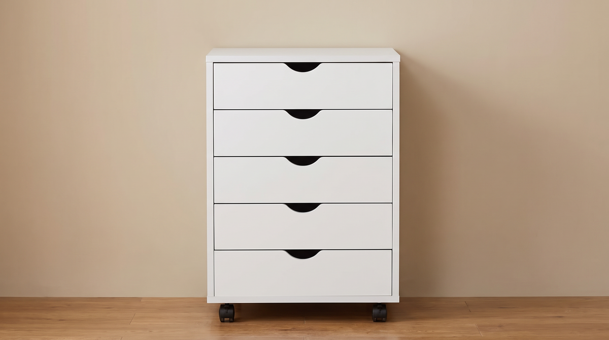 White cabinet showing all five closed drawer fronts stacked evenly