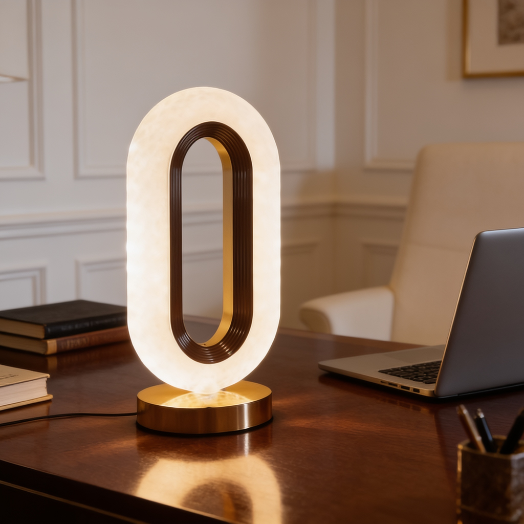 Cordless halo lamp lit on a desk in front of framed art and a laptop