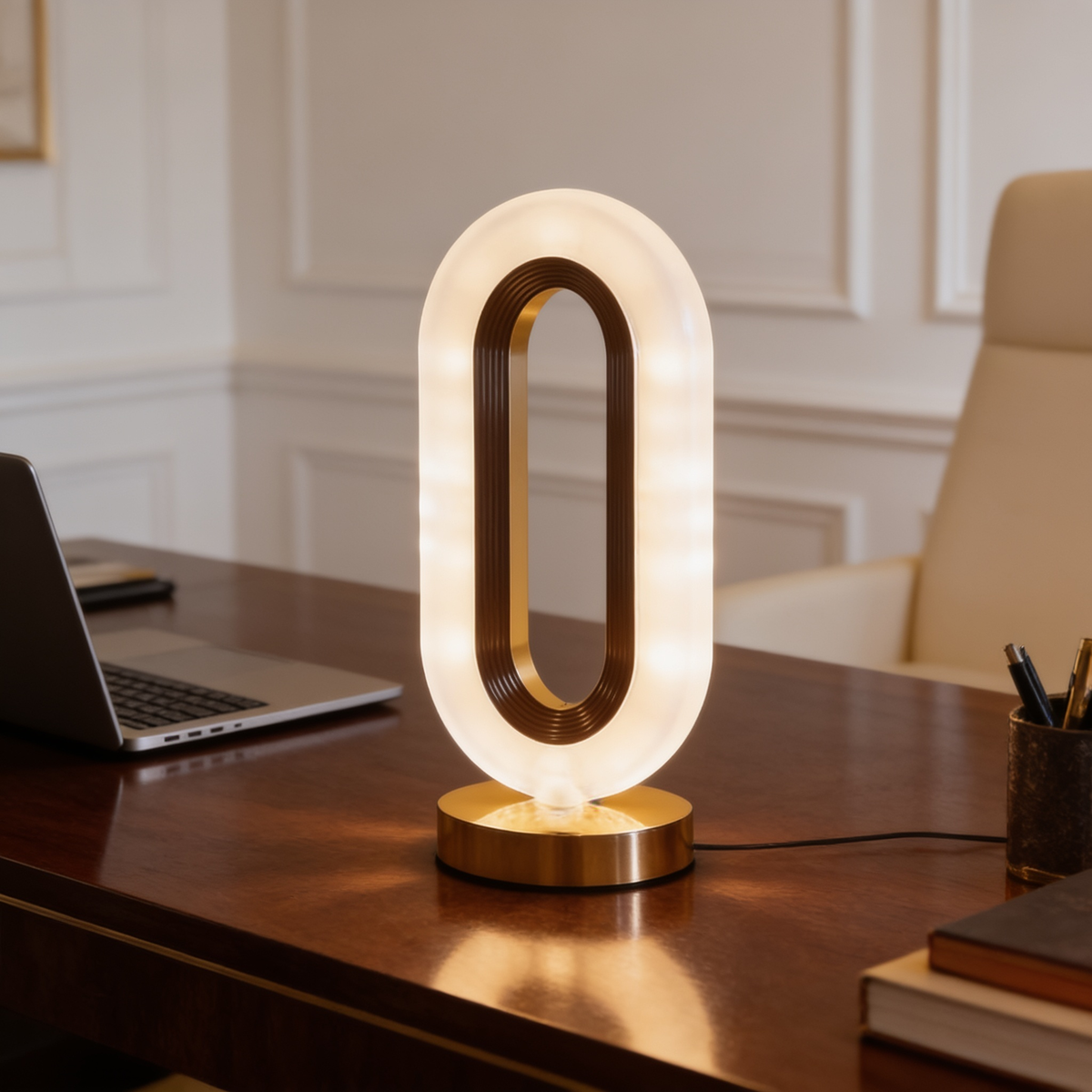 Halo night light on a desk with an office chair and pen cup behind it