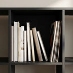 Close view of one cube packed with upright books and notebooks