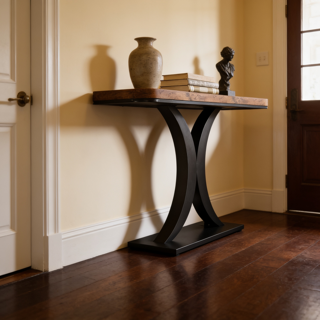 Hourglass console seen from the side in a hall with a dark wood door behind