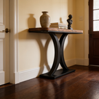 Hourglass console seen from the side in a hall with a dark wood door behind
