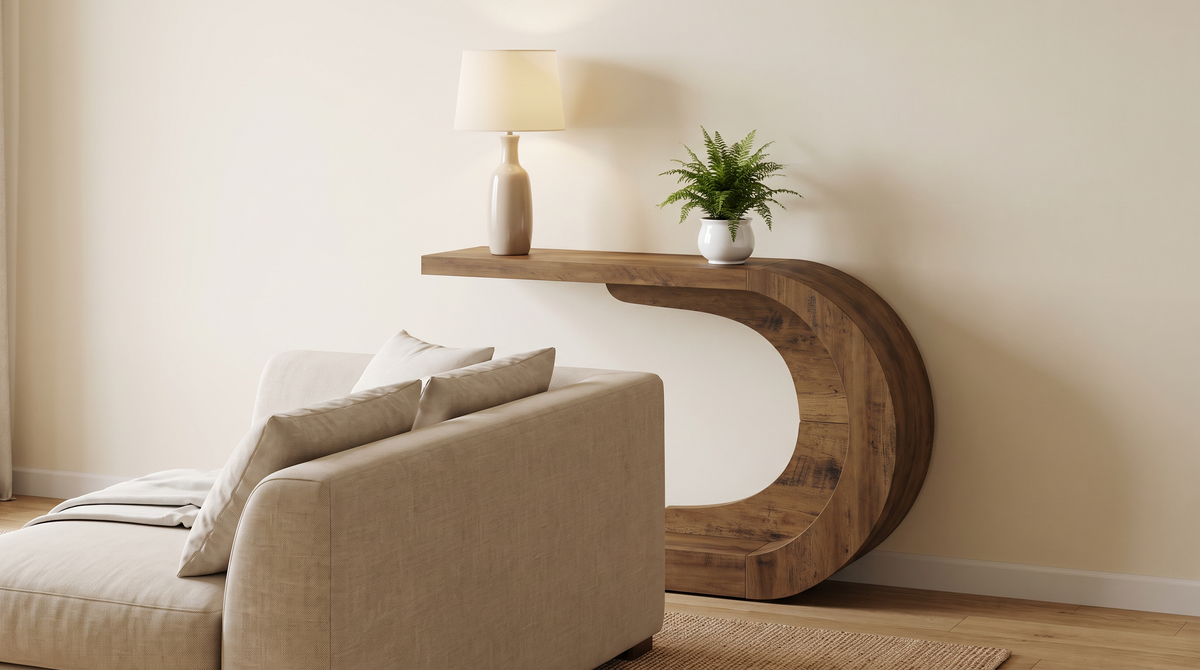 C shaped console table used as a sofa table behind a couch