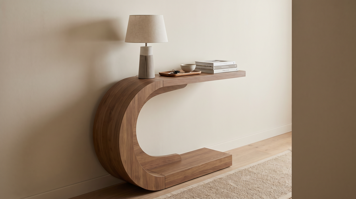 Narrow console table along a corridor with a lamp and books