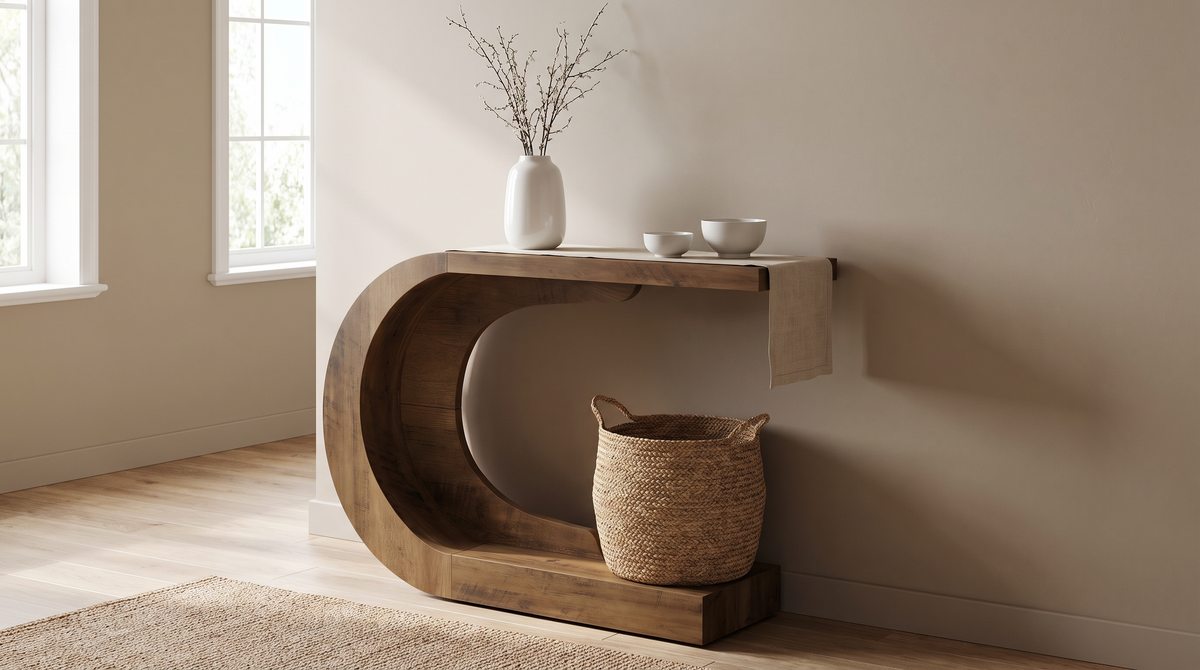 C shaped console table in a hallway with a basket underneath